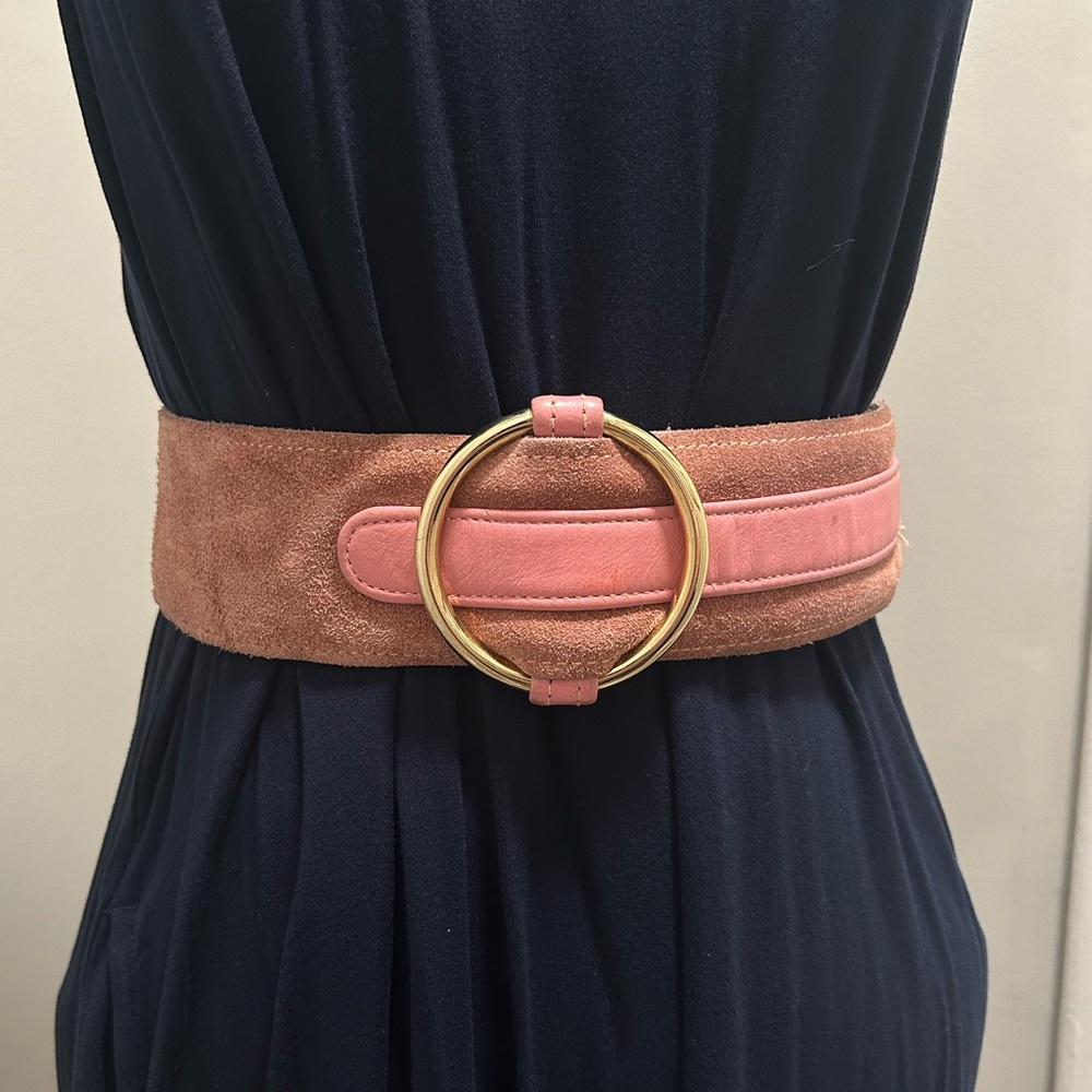 Vintage Wide Pink Suede Belt with Gold Circle Buckle – Statement Waist Belt, 80s